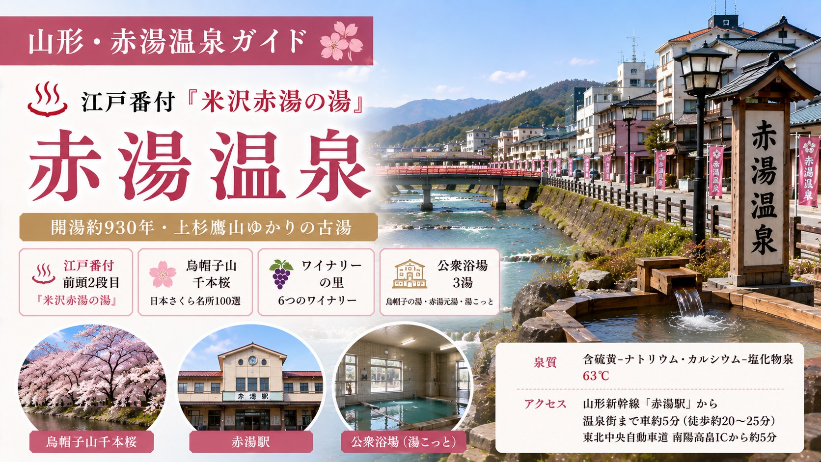 赤湯温泉 上杉鷹山ゆかりの古湯と烏帽子山千本桜イメージ