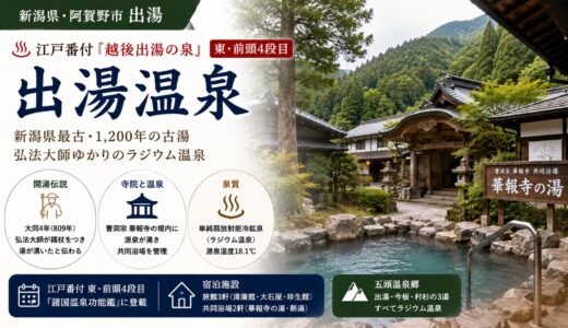 新潟・出湯温泉ガイド｜江戸番付『越後出湯の泉』西-前頭4段目×大同4年809年弘法大師開湯・新潟県最古1,200年の古湯