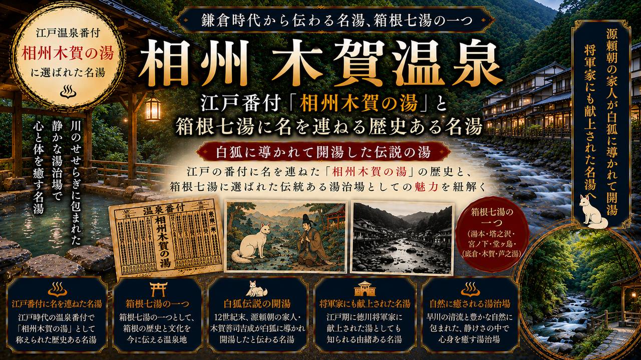 神奈川・木賀温泉ガイド｜江戸番付『相州木賀の湯』×源頼朝家人・木賀善司吉成の白狐伝説と徳川将軍家「子宝の湯」