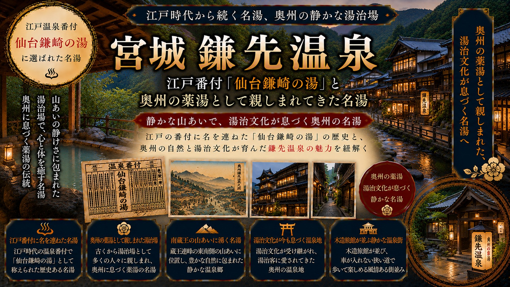 鎌先温泉 ── 蔵王山麓・正長元年1428年開湯の奥州の薬湯（江戸の温泉番付「仙台釜崎の湯」東-前頭4段目）
