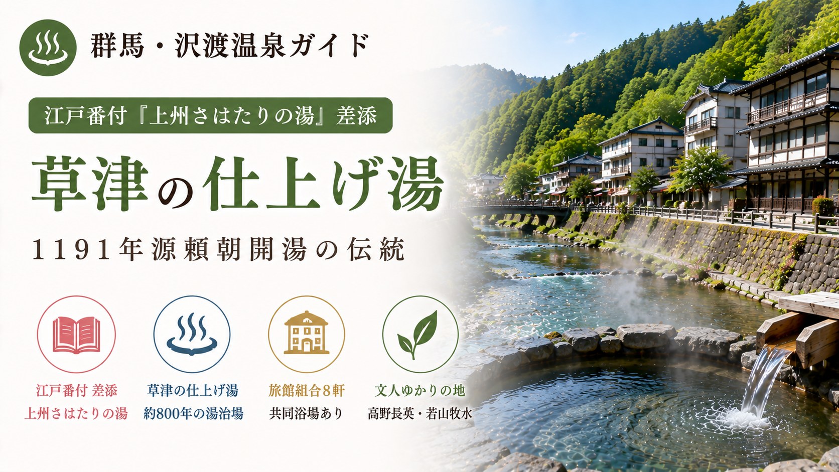 群馬・沢渡温泉ガイド 草津の仕上げ湯・一浴玉の肌・組合8軒の湯治場