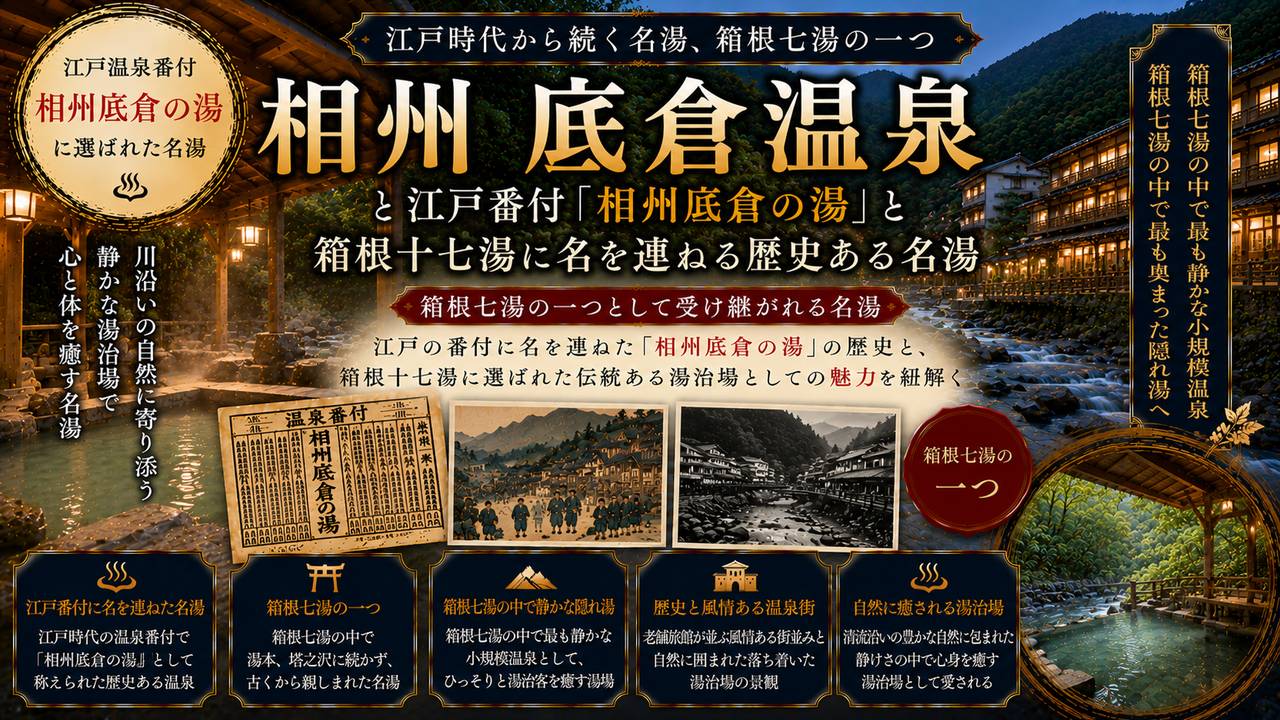 底倉温泉の蛇骨川渓谷沿いに建つ箱根つたや旅館と太閤石風呂