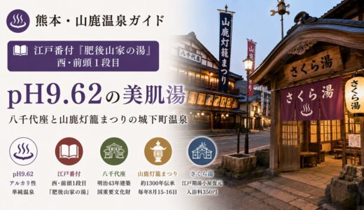 山鹿温泉ガイド｜江戸番付『肥後山家の湯』・pH9.62の美肌湯と山鹿灯籠まつり