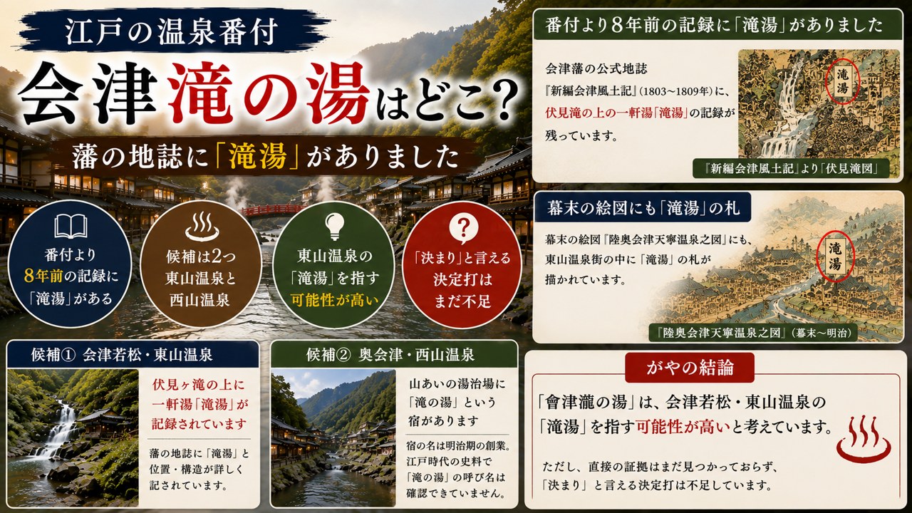 江戸の温泉番付「会津滝の湯」はどこ？藩の地誌に「滝湯」の記録。候補は東山温泉と西山温泉