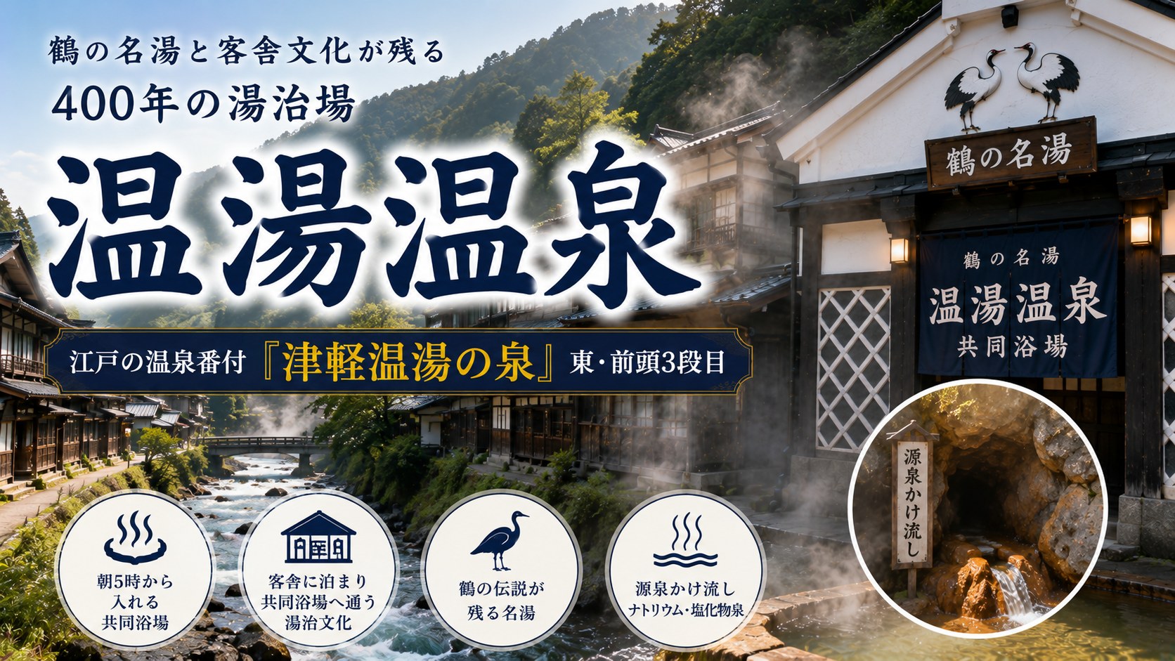 鶴の名湯と客舎文化が残る400年の湯治場 温湯温泉｜江戸の温泉番付「津軽温湯の泉」東・前頭3段目・朝5時開場の共同浴場・源泉かけ流しナトリウム塩化物泉
