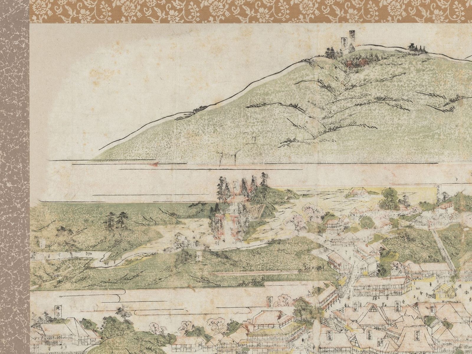 幕末から明治にかけて描かれた東山温泉の絵図『陸奥会津天寧温泉之図』。湯川沿いに旅館が建ち並ぶ温泉街のようす