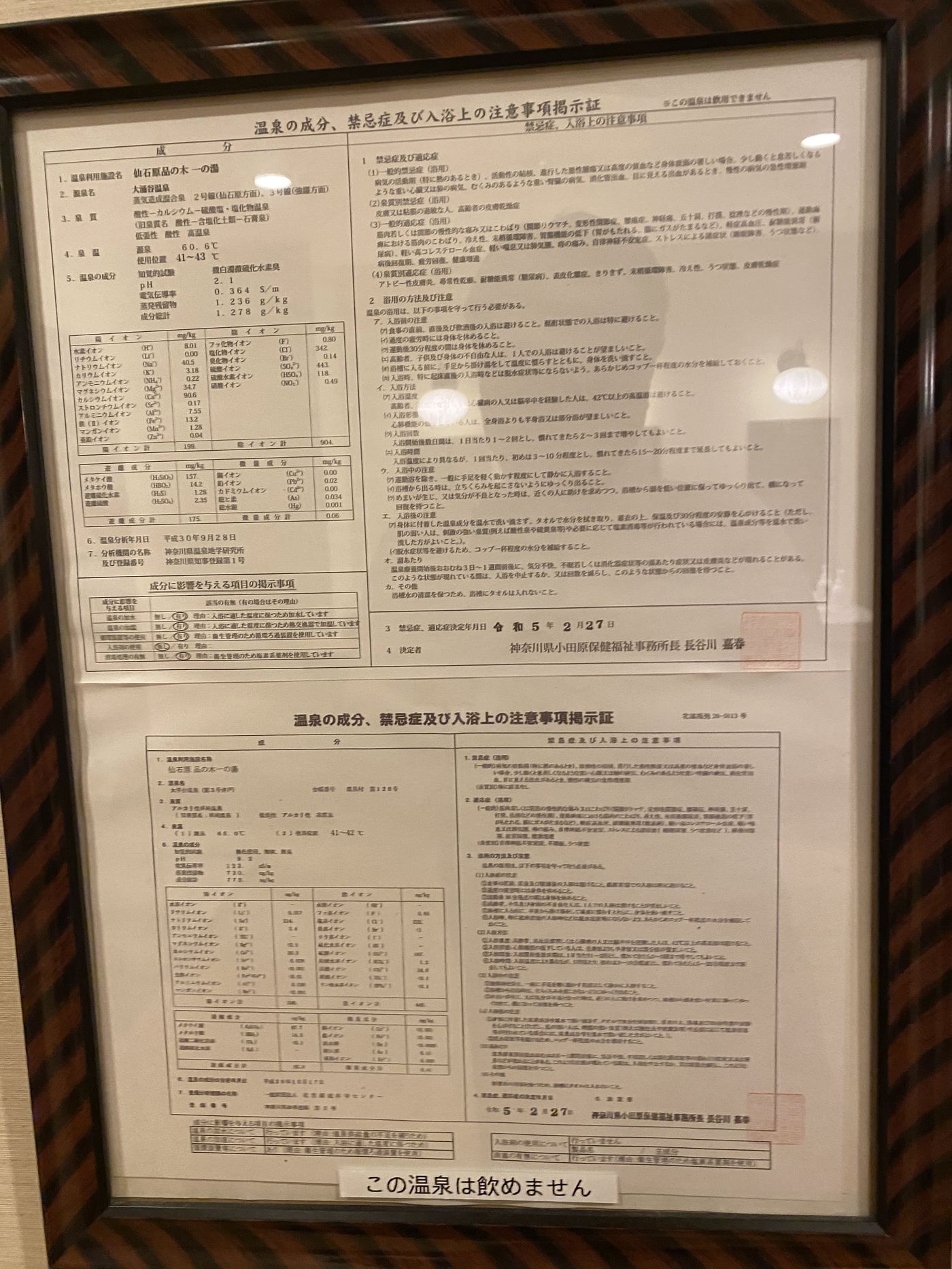 品の木一の湯 大浴場の温泉分析書（大涌谷温泉と大平台温泉の2枚）