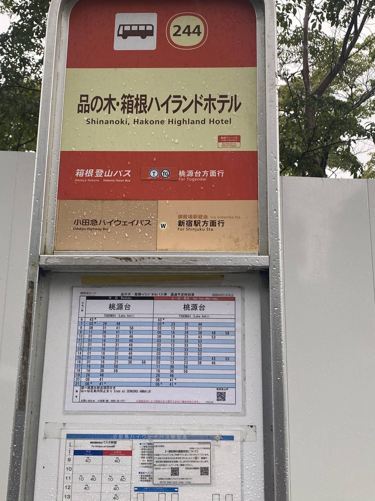 品の木・箱根ハイランドホテルバス停と時刻表（新宿方面高速バスも停車）