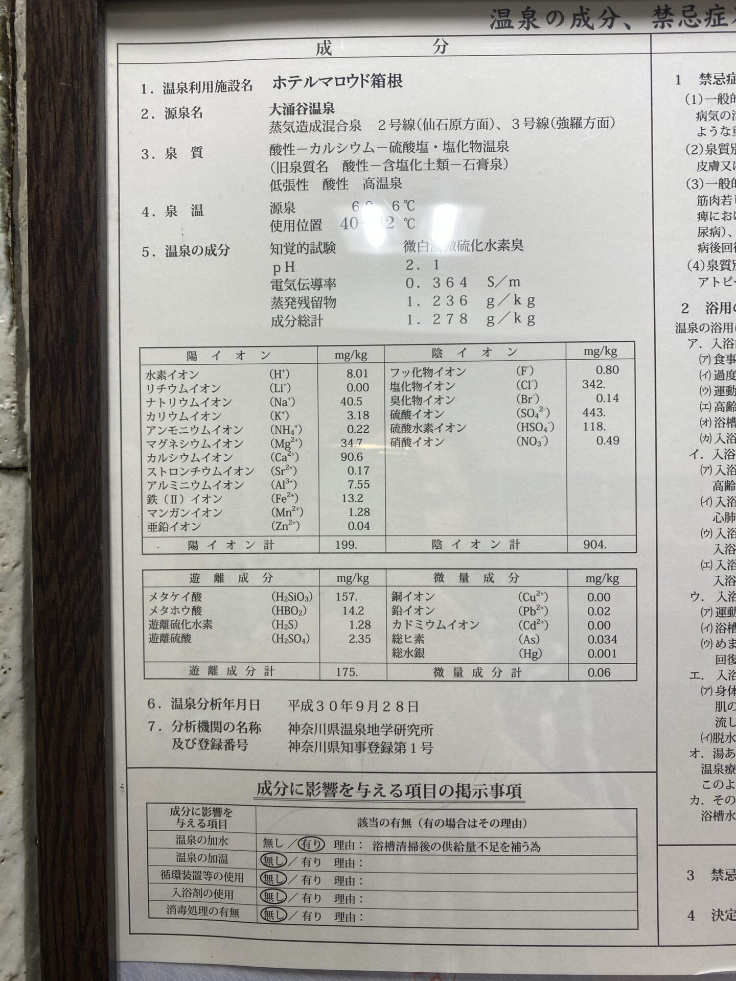 温泉掲示証 成分 拡大｜ホテルマロウド箱根
