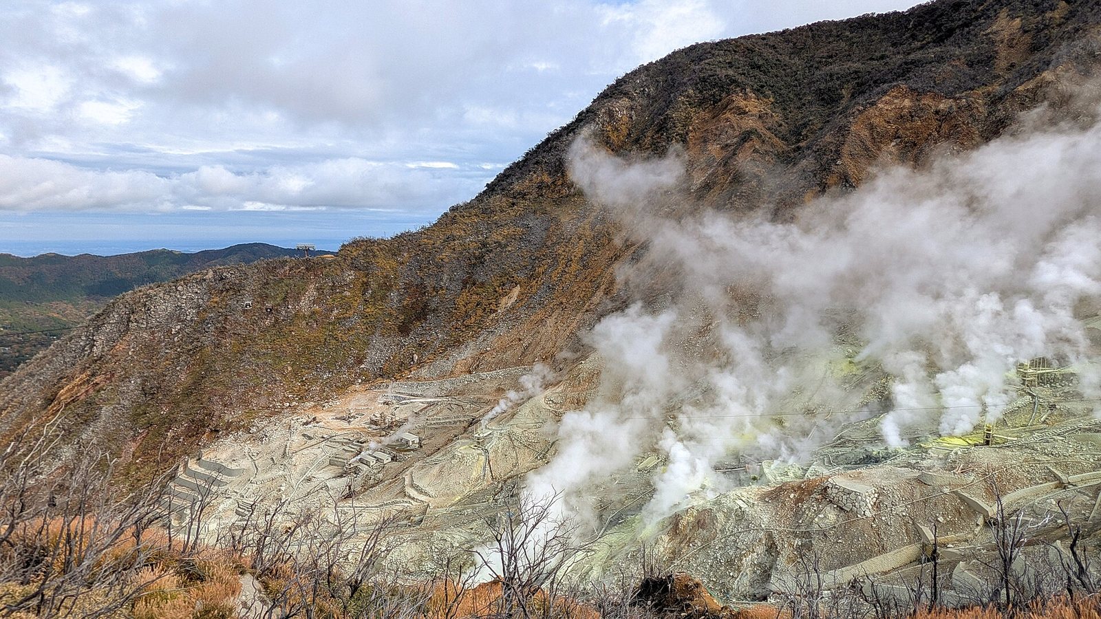 大涌谷の噴気地帯の全景。白い噴煙が立ち上る爆裂火口跡