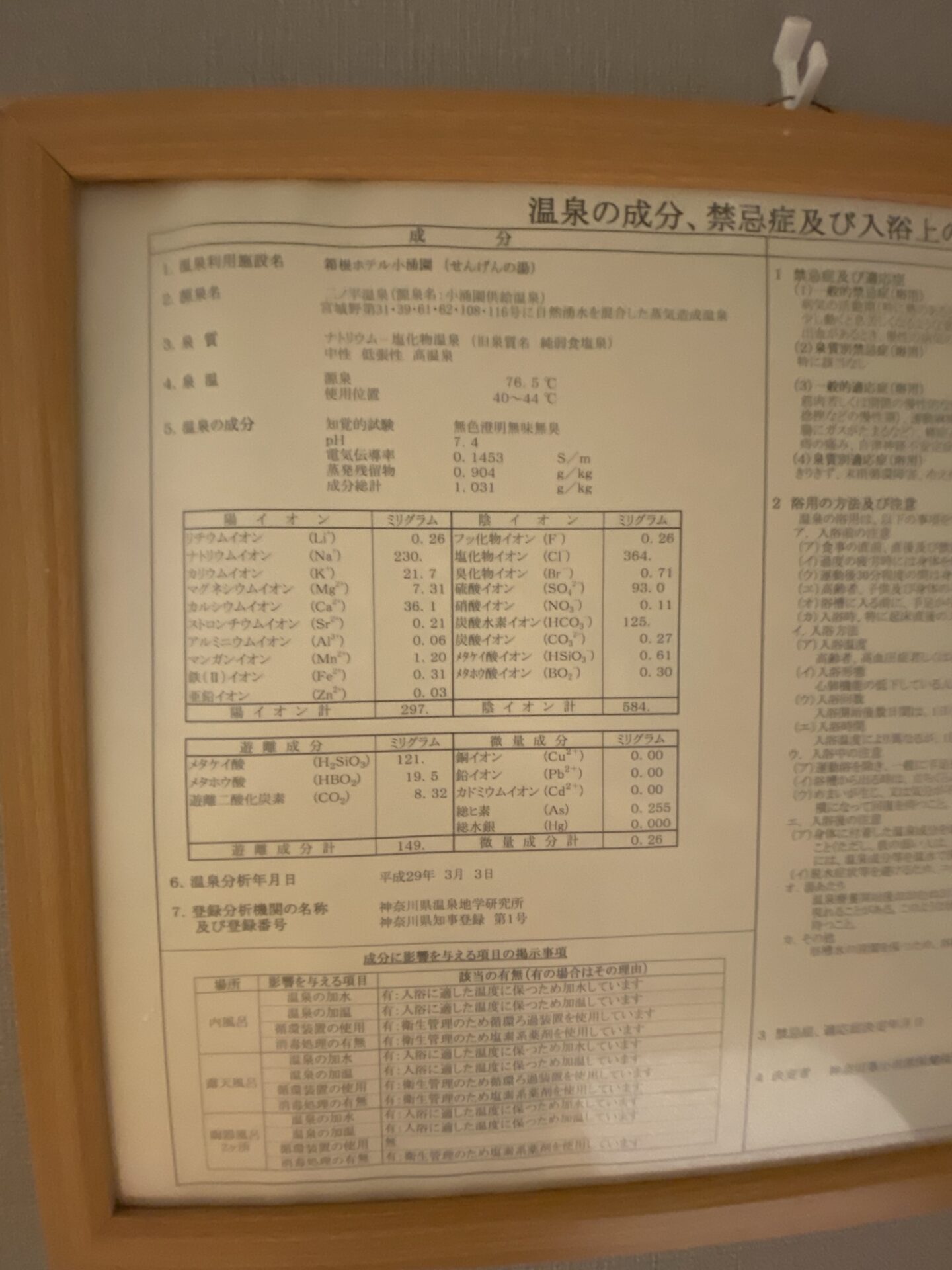 二ノ平温泉の温泉分析書|箱根ホテル小涌園